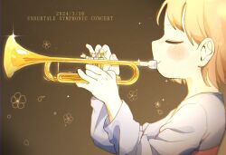  1other 2024 2d ambiguous_gender blue_shirt brown_background brown_hair cacaonibs00 child copyright_name dated digital_media double_horizontal_stripe english_text flower_(symbol) frisk_(undertale) from_side gradient_background holding holding_instrument horizontal-striped_clothes human instrument other_focus pink_stripes profile shirt short_hair simple_background solo striped_clothes striped_shirt text trumpet two-tone_shirt undertale utdr_(toby_fox) 