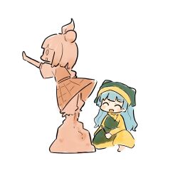  1girl ^_^ apron blue_hair closed_eyes dress full_body green_apron green_headscarf haniyasushin_keiki headscarf highres joutouguu_mayumi kyuukei_usagi long_hair open_mouth simple_background solo statue touhou white_background yellow_dress 