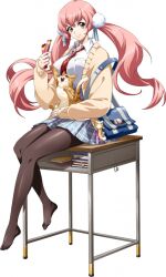  1girl animal argyle_clothes argyle_necktie bag bag_charm bengal_cat black_pantyhose blue_bag blue_skirt book breasts candy cardigan cat charm_(object) closed_mouth collared_shirt desk floating_hair food foot_dangle full_body game_cg grid_print hair_between_eyes hair_ornament hair_ribbon hand_on_lap holding holding_animal holding_candy holding_cat holding_food langrisser langrisser_mobile langrisser_re:incarnation large_breasts long_hair looking_at_viewer low_twintails necktie no_shoes noemi_(langrisser) official_alternate_costume official_art on_desk open_collar pantyhose pink_eyes pink_hair pleated_skirt pom_pom_(clothes) pom_pom_hair_ornament red_necktie ribbon school_bag school_desk school_uniform shirt simple_background sitting skirt smile solo_focus tachi-e third-party_source transparent_background twintails yellow_cardigan 