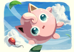  absurdres balloon blue_eyes blue_sky clouds crying floating highres jigglypuff leaf looking_at_viewer no_humans noahzark1212 open_mouth outdoors pokemon pokemon_(creature) pokemon_focus sky solo 