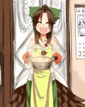  ^_^ apron bare_shoulders bow brown_hair closed_eyes contemporary eyes_closed fang hair_bow happy long_hair madara_hato open_mouth oven_mitts reiuji_utsuho smile sweater touhou wings 