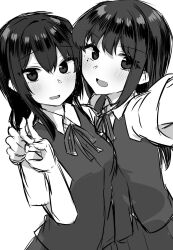  2girls commentary_request greyscale hair_between_eyes hayashio_(kancolle) highres kantai_collection long_hair mole mole_under_eye monochrome multiple_girls neck_ribbon oyashio_(kancolle) ribbon selfie shirasumato skirt swept_bangs upper_body v vest 