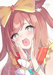  +_+ 1girl agnes_digital_(super_express!_full_color_special)_(umamusume) agnes_digital_(umamusume) animal_ears blue_eyes bow bracelet brown_hair commentary_request hands_on_own_cheeks hands_on_own_face hands_up heart heart_in_mouth highres horse_ears horse_girl jewelry looking_at_viewer open_mouth portrait potarou_pomi simple_background smile solo sparkle swept_bangs two_side_up umamusume white_background yellow_bow 