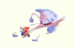  1boy absurdres big_nose bloopad blue_eyes blue_overalls brown_hair brown_shoes clenched_teeth commentary determined dress_shoes english_commentary f.l.u.d.d. facial_hair fighting gloves hat highres jason_lupas leaning_forward looking_at_animal mario mustache newsboy_cap overalls pulling red_hat red_shirt robot shirt shoes short_hair short_sleeves simple_background squid super_mario_bros. super_mario_sunshine t-shirt teeth thick_eyebrows v-shaped_eyebrows white_gloves yellow_background 