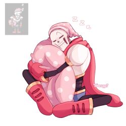  1:1 1boy 2025 2d armor artist_name blue_shorts boots cape closed_eyes digital_media game_screenshot_inset gloves hat humanoid male male_focus male_only monster monster_boy nightcap papyrus_(undertale) pillow pillow_hug pink_hat pixel_art_inset red_boots red_cape red_gloves reference_inset shorts simple_background sitting skeleton sleeping solo teacuppi teeth undead undertale utdr_(toby_fox) white_armor white_background zzz 