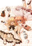  2girls blonde_hair blue_eyes book chestnut_mouth coffee coffee_beans coffee_pot cup drill_hair fang hat hirasaka_makoto luna_child multiple_girls open_mouth orange_hair patterned_background red_eyes smile sunny_milk touhou twintails wings 