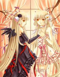  2girls bare_shoulders blonde_hair brown_eyes cherry_blossoms chii chobits dress elbow_gloves elise_trinh flower freya frilled_dress frills gloves long_hair multiple_girls petals very_long_hair window wings yellow_eyes 