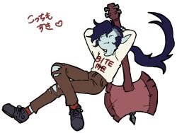  1girl adventure_time adventure_time:_distant_lands arms_behind_head bite_mark bite_mark_on_neck black_hair black_shoes brown_pants closed_mouth clothes_writing colored_skin commentary_request crossed_legs flat_color full_body grey_skin heart holding holding_instrument instrument long_hair marceline_abadeer official_alternate_costume official_alternate_hairstyle pants ponytail raya_(uk_0128) red_socks shirt shoes simple_background socks solo torn_clothes torn_pants translation_request undercut vampire white_background white_shirt 