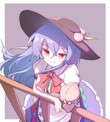  1girl apron bite_mark black_hat blue_hair blue_skirt border bow bowtie breasts center_frills chewing collar collared_shirt dot_nose eating food forestrylam frilled_skirt frills handrail hat hat_ornament highres hinanawi_tenshi holding holding_food incoming_gift leaf_hat_ornament long_hair long_skirt looking_at_viewer medium_breasts peach_hat_ornament puffy_short_sleeves puffy_sleeves purple_background rainbow_gradient_rope red_bow red_bowtie red_eyes shirt short_sleeves skirt solo touhou waist_apron white_apron white_border white_shirt 