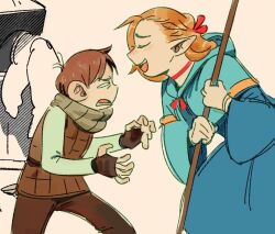  1boy 1girl aqua_capelet blonde_hair blue_robe blush brown_gloves brown_hair brown_pants brown_vest capelet chilchuck_tims chiou! choker clenched_hands closed_eyes dungeon_meshi elf fingerless_gloves frown furrowed_brow gloves grey_scarf hair_ribbon halfling holding holding_staff leaning_forward long_hair looking_at_another marcille_donato open_mouth pants pointy_ears red_choker red_ribbon ribbon robe scarf short_hair size_difference sketch smile squinting staff vest 