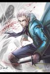  artist_name blood blood_on_face blue_eyes dantewontdie devil_may_cry devil_may_cry_3 highres holding letterboxed male scabbard sheath silver_hair solo sword vergil weapon 