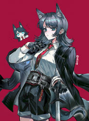 1girl animal_ears arknights bang_dream! bang_dream!_it&#039;s_mygo!!!!! belt black_gloves black_hair black_jacket black_shorts blue_eyes chibi chibi_inset closed_mouth collared_shirt commentary cowboy_shot english_commentary gloves half_gloves hand_up highres holding holding_sword holding_weapon jacket jacket_on_shoulders kemonomimi_mode long_sleeves looking_at_viewer medium_hair ne2op necktie official_alternate_costume purple_background red_necktie shirt shorts simple_background solo standing sword tail weapon white_shirt wolf_ears wolf_girl wolf_tail yahata_umiri yahata_umiri_(moonlight_executioner)