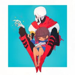  1:1 1boy 2018 2d aqua_background armor bad_deviantart_id bad_id blue_shorts blush boots border cape digital_media duo eyelashes full_body humanoid knees_up male monster monster_boy nail_polish papyrus_(undertale) red_boots red_cape shorts simple_background sitting skeleton soseji_(tjduswjd) sparkle teeth third-party_source two-tone_background undead undertale utdr_(toby_fox) white_armor white_background white_border 