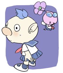  1boy :o alph_(pikmin) alternate_costume big_nose black_eyes black_socks blue_eyes blue_hair blue_sailor_collar blue_skirt border colored_skin commentary_request crossdressing crossdressing_(mtf) flower flying freckles from_behind full_body hands_on_own_chin insect_wings kneehighs light_blush looking_ahead looking_to_the_side male_focus mary_janes medium_hair miniskirt nandovo neckerchief outside_border parted_lips pikmin_(creature) pikmin_(series) pink_skin purple_background purple_flower red_neckerchief sailor_collar school_uniform serafuku shirt shoes short_hair short_sleeves skirt socks solid_circle_eyes standing sweatdrop very_short_hair white_border white_shirt white_shoes winged_pikmin wings 