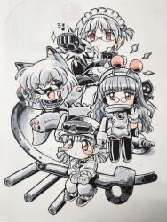  4girls ai_(g-on_riders) alien animal_ear_fluff animal_ears apron arrow_(symbol) blush_stickers brooch cannon cat_ears cat_girl chibi chibi_only clenched_hand cloak closed_mouth commentary cube_hair_ornament dinosaur_costume dinosaur_tail dress expressionless fake_antennae fangs flatwoods_monster g-on_riders glasses gloves goggles goggles_on_headwear hair_ornament hard_hat headphones helmet highres jetpack jewelry jumpsuit kokomahi lightning_bolt_symbol long_hair looking_at_viewer low_twintails maid maid_apron maid_headdress mako_(g-on_riders) medium_hair mini_eyewear monochrome multiple_girls one_eye_closed one_side_up open_mouth oversized_object pantyhose pao_(g-on_riders) round_eyewear salute shoes short_hair short_twintails sitting smile spacecraft sparkle spot_color standing sunglasses tail traditional_media twintails vulcan_salute wrench zero_(g-on_riders) 