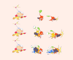  1boy ^^^ backpack bag battery big_nose black_eyes blowing_whistle blue_pikmin blue_skin brown_background brown_hair bud buttons closed_eyes colored_skin commentary english_commentary flower from_side gloves highres holding jason_lupas leaf leaning_forward lightning_bolt_symbol no_mouth olimar outstretched_arm oversized_object parted_lips pikmin_(creature) pikmin_(series) pointy_ears pointy_nose ramming red_bag red_gloves red_pikmin red_skin sequential shadow sharing short_hair simple_background spacesuit triangle_mouth very_short_hair white_flower yellow_pikmin yellow_skin 