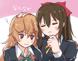  2girls ? black_jacket blush bow brown_hair closed_eyes closed_mouth collared_shirt commentary_request hair_between_eyes hair_bow hand_on_another's_head hand_on_own_chin jacket konoe_kanata long_hair long_sleeves love_live! love_live!_nijigasaki_high_school_idol_club multiple_girls neck_ribbon nijigasaki_school_uniform osaka_shizuku red_bow ribbon school_uniform shirt sidelocks skt_(ryxxxxx) upper_body violet_eyes white_shirt 
