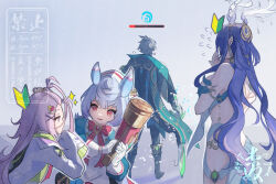 1boy 3girls aino_(genshin_impact) alhaitham_(genshin_impact) anne_(anne_0417) antlers bangs_pinned_back boots cape coat dress facing_away flying_sweatdrops gameplay_mechanics genshin_impact gloves grey_hair gun hat health_bar highres holding holding_gun holding_sword holding_weapon horns lauma_(genshin_impact) long_hair looking_at_another low_twintails multiple_girls nurse_cap pants pink_hair purple_hair red_eyes screw_hair_ornament short_hair sigewinne_(genshin_impact) sleeves_past_fingers sleeves_past_wrists sparkle standing sword twintails user_interface very_long_hair very_long_sleeves watermark weapon wet 