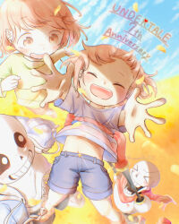  &gt;o&lt; 2022 2boys 2d 2others ambiguous_gender anniversary armor arms_up artist_name black_pants black_shorts blue_background blue_jacket blue_shirt blue_shorts boots brothers brown_boots brown_hair brown_shorts cacaonibs00 cape carrying carrying_person chara_(undertale) child copyright_name digital_media double_horizontal_stripe drawstring frisk_(undertale) from_above gloves green_shirt grey_hood happy height_difference hollow_eyes hood hood_down hooded_jacket horizontal-striped_clothes human humanoid jacket lifting_person male midriff_peek monster monster_boy multiple_boys multiple_others open_clothes open_jacket open_mouth orange_background pants papyrus_(undertale) pink_slippers pink_stripes red_boots red_cape red_gloves sans_(undertale) shirt short_hair shorts siblings simple_background single_horizontal_stripe single_vertical_stripe skeleton slippers smile socks striped_clothes striped_shirt striped_shorts teeth text twitter_username two-tone_background two-tone_shirt undead undertale utdr_(toby_fox) vertical-striped_clothes vertical-striped_shorts white_armor white_shirt white_socks white_stripes yellow_stripes 