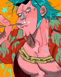  1boy blue_hair chain chain_necklace chanko_neru chewing collarbone commentary_request dated eyewear_on_head food food_on_face fork franky_(one_piece) hawaiian_shirt holding holding_fork jewelry looking_at_viewer lower_eyelashes_only male_focus necklace nipples one_piece open_clothes open_shirt orange_background pectorals shirt sideburns solo star_(symbol) sunglasses upper_body utensil_in_mouth 
