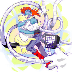  1boy 2020 2d 2girls alphys anthro aoimomushi black_eyepatch black_tank_top blue_pants blue_skin blush boots buck_teeth carrying carrying_person coat colored_sclera colored_skin commentary digital_media dinosaur dinosaur_girl ear_fins english_commentary eyepatch female fins fish fish_girl glasses gloves gradient_background green_background head_fins height_difference high_ponytail holding holding_microphone lab_coat lizard lizard_girl lizard_tail long_hair male mettaton mettaton_(box) microphone monster monster_girl multicolored_background multiple_girls nervous non-humanoid_robot pants ponytail red_boots red_hair reptile reptile_girl reptile_tail robot robot_boy scalie sharp_teeth simple_background slit_pupils sweat tank_top teeth trio undertale undyne utdr_(toby_fox) wheel white_background white_coat white_gloves yellow_sclera yellow_skin yellow_teeth yuri 