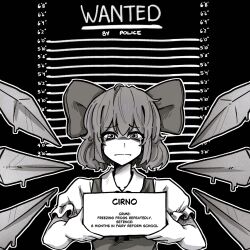  1girl absurdres bow character_name cirno collared_shirt crying facing_viewer greyscale hair_bow hayoibu height_chart height_mark highres holding holding_sign ice ice_wings looking_at_viewer medium_hair melting monochrome mugshot neck_ribbon puffy_short_sleeves puffy_sleeves ribbon shirt short_sleeves sign snot_trail solo streaming_tears tears touhou upper_body wings 