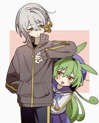  1boy 1girl :d alternate_hairstyle animal_ears bell blue_bow blue_bowtie blue_hat blue_pants blue_sailor_collar blue_skirt blush border bow bowtie brown_jacket closed_mouth commentary_request corn_kuten cowboy_shot green_hair grey_hair hair_bell hair_between_eyes hair_ornament hand_in_pocket hat high_collar iori_yuzuru jacket long_hair long_sleeves looking_at_another open_mouth outside_border pants pink_background pleated_skirt sailor_collar school_uniform serafuku shirt short_hair simple_background skirt smile voiceroid voicevox watermark white_border white_shirt yellow_eyes zipper zundamon 