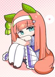  1girl animal_ears black_shorts blue_eyes blunt_bangs blush blush_stickers bow crossed_arms deformed ear_bow ear_covers hair_ornament hairband heart highres hime_cut horse_ears horse_girl horse_tail knees_up long_hair looking_at_viewer orange_hair orange_tail puffy_short_sleeves puffy_sleeves purple_shirt sailor_collar sailor_shirt school_uniform shirt short_sleeves shorts shorts_under_skirt silence_suzuka_(umamusume) skirt solo speech_bubble star_(symbol) star_hair_ornament tail temu_(kobaeihuk) thigh-highs tracen_school_uniform umamusume white_hairband white_skirt white_thighhighs 