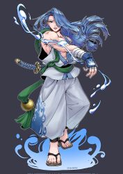  1boy blue_eyes blue_gloves blue_hair dougi epochekhe fingerless_gloves folded_ponytail gloves hair_over_one_eye highres hydrokinesis kazama_sougetsu long_hair looking_at_viewer low_ponytail male_focus muscular muscular_male open_mouth ponytail samurai_spirits sandals sheath sheathed solo teeth upper_teeth_only water white_dougi 