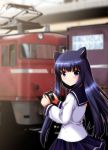  animal_ears black_hair blue_eyes camera cat_ears copyright_request long_hair looking_at_viewer looking_back school_uniform serafuku skirt sky smile solo train train_station yamaguchi_yuu 