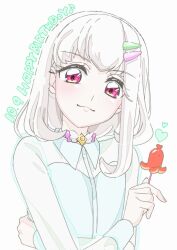  1girl birthday blonde_hair blunt_bangs bob_cut choker closed_mouth crossed_arms food green_shirt hair_ornament hairpin happy_birthday heart heart-shaped_pupils highres holding holding_food idol kimi_to_idol_precure long_sleeves looking_at_viewer mature_female octopus_sausage_earrings pink_eyes precure purirun_(civilian)_(precure) purirun_(precure) ribbon_choker sausage see-through_clothes see-through_shirt see-through_sleeves shirt short_hair solo solo_focus sugimoto_miho symbol-shaped_pupils upper_body white_background 