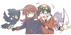  +++ 2boys aipom black_hair closed_mouth ethan_(pokemon) fishing_rod gloves goggles goggles_on_headwear hand_on_another&#039;s_shoulder hat holding holding_fishing_rod jacket kong_(6ki3ki) long_hair long_sleeves male_focus multiple_boys murkrow musical_note pokemon pokemon_(creature) pokemon_adventures pokemon_on_arm red_hair red_jacket silver_(pokemon) simple_background white_background 
