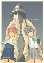  2girls absurdres adapted_costume arms_up blue_eyes blue_neckerchief blue_skirt cardigan cowboy_shot from_below grey_hair grey_skirt grey_sky highres i-36_(kancolle) i-58_(kancolle) kantai_collection lighthouse multiple_girls neckerchief outdoors pink_eyes pink_hair pink_neckerchief pleated_skirt pot-de sailor_collar sailor_shirt school_uniform serafuku shirt short_hair skirt sky twintails white_shirt yellow_cardigan 