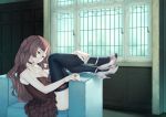  ano_natsu_de_matteru breasts brown_eyes brown_hair choker cleavage corset couch frills harmaline high_heels jewelry kitahara_mio large_breasts legs long_hair open_shoes ring sad shoes sitting solo thighhighs window 