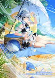  1girl ahoge ball beach beach_mat beach_umbrella beachball bikini blue_eyes bottle bucket closed_mouth copyright_notice flower frilled_thigh_strap frilled_wrist_cuffs frills grey_hair headphones holding holding_bottle innertube maid maid_bikini maid_headdress medium_hair official_art outdoors ramune sand sand_castle sand_sculpture shell shovel sitting solo sparkle spinel_(9057) sunglasses swim_ring swimsuit thigh_strap tree umbrella unconventional_maid unworn_eyewear white_flower white_wrist_cuffs wrist_cuffs yokozuwari yui_(z/x) z/x 