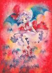  bat bat_wings blue_hair dress hand_to_chin hat mary_janes mosho red_eyes remilia_scarlet shoes smile solo touhou traditional_media watercolor_(medium) wings wrist_cuffs 