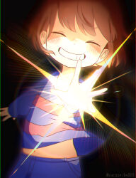  1other 2023 2d ambiguous_gender artist_name black_background blue_shirt brown_hair cacaonibs00 child chromatic_aberration digital_media double_horizontal_stripe frisk_(undertale) glowing grin horizontal-striped_clothes human midriff_peek other_focus pink_stripes shirt short_hair shorts simple_background smile solo striped_clothes striped_shirt twitter_username two-tone_shirt undertale utdr_(toby_fox) 