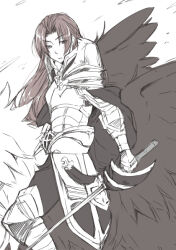  1boy armor armored_boots boots breastplate faulds feet_out_of_frame gauntlets greyscale griffin gryphon_(ragnarok_online) holding holding_sword holding_weapon kusa_(kusa_op) long_hair looking_at_viewer male_focus monochrome pauldrons ragnarok_online riding royal_guard_(ragnarok_online) shoulder_armor solo sword weapon 