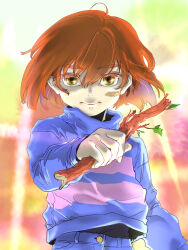 1other 2022 2d ambiguous_gender aoimomushi blue_shirt blue_shorts brown_hair child commentary digital_media double_horizontal_stripe english_commentary frisk_(undertale) holding holding_stick horizontal-striped_clothes human looking_at_viewer other_focus pink_stripes shirt short_hair shorts simple_background solo stick striped_clothes striped_shirt two-tone_shirt undertale unusually_open_eyes utdr_(toby_fox) white_background yellow_eyes 