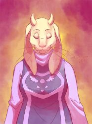  1girl 2016 2d anthro arms_at_sides artist_name blush_stickers closed_eyes commentary delta_rune_(symbol) delta_rune_print deviantart_username digital_media english_commentary female female_only floppy_ears furry furry_female goat goat_ears goat_girl goat_horns gradient_background horns long_sleeves mammal monster monster_girl orange_background pipann purple_robe robe signature simple_background solo straight-on toriel undertale upper_body utdr_(toby_fox) watermark whiskers white_fur white_horns 