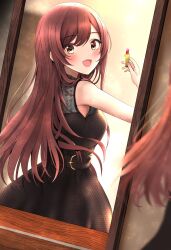  1girl bare_shoulders black_dress blush breasts cosmetics dress highres holding holding_lipstick_tube idolmaster idolmaster_shiny_colors indoors lipstick_tube long_hair looking_at_mirror looking_at_self medium_breasts mirror open_mouth osaki_amana red_hair reflection reflection_focus shingi_(truth_fakesingi) sleeveless sleeveless_dress smile solo swept_bangs yellow_eyes 