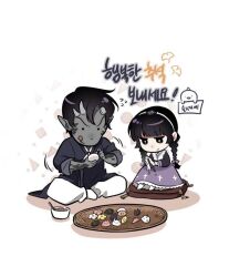 1girl 1other :p animal-themed_food black_eyes black_hair black_hanbok blunt_bangs braid broken_horn cat character-themed_food chuseok colored_skin crossed_legs cushion demon_boy dokkaebi dress father_and_daughter flower grey_skin hairband han_dareum han_myungoh hanbok highres horns kim_dokja korean_clothes korean_text mini_cini98 omniscient_reader&#039;s_viewpoint pointy_ears purple_dress scales sitting tongue tongue_out twin_braids 