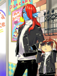  1girl 1other 2021 2d alternate_costume alternate_hairstyle ambiguous_gender anthro aoimomushi black_eyepatch black_jacket blue_skin brown_hair child colored_sclera colored_skin commentary cowboy_shot digital_media door duo ear_fins english_commentary eyepatch female fins fish fish_girl frisk_(undertale) hair_down hands_in_pockets head_fins height_difference human jacket long_hair monster monster_girl official_alternate_costume poster_(object) red_eyes red_hair short_hair standing sunglasses sweater teeth turtleneck turtleneck_sweater undertale undyne utdr_(toby_fox) wall white_sweater window yellow_sclera 