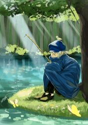  1boy absurdres animal_on_head bird bird_on_head black_pants black_shoes blue_cape blue_hat bug butterfly cape covered_mouth fishing_rod grass hat highres holding holding_fishing_rod hunter_x_hunter kite_(hunter_x_hunter) lake light_rays male_focus on_grass on_head outdoors pants shoes sitting solo sunbeam sunlight titan_gianttan tree white_hair 