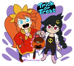 2girls :d absurdres angry aqua_eyes artist_name ashley_(warioware) ashley_(warioware)_(cosplay) bangs basket black_bodysuit black_hair black_pantyhose blue_eyes blush bodysuit boots braid braids candy child coat cosplay costume_switch dress female female_child from_above glasses hair_ornament halloween happy headband highres holding holding_basket lab_coat labcoat light_blue_eyes long_hair long_sleeves minus8 multiple_girls orange_hair pantyhose penny_crygor penny_crygor_(cosplay) pink_boots pink_shoes red_eyes red_shoes serious shoes simple_background skull_hair_ornament skull_print teeth tongue twin_braids twintails twitch.tv twitch_logo twitch_username variant_set warioware white_coat wrapped_candy yellow_hairband