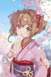  1girl :d absurdres antenna_hair beebee1120 blush brown_hair card cardcaptor_sakura cherry_blossoms commentary_request day green_eyes hair_ribbon highres holding holding_card japanese_clothes kimono kinomoto_sakura long_sleeves looking_at_viewer obi open_mouth outdoors pink_kimono purple_sash red_ribbon ribbon sash short_hair signature smile solo two_side_up upper_body wide_sleeves 