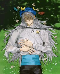  1boy absurdres beret bird black_pants blue_hat bug butterfly closed_eyes dappled_sunlight flower grass hands_on_own_stomach hat highres hunter_x_hunter kite_(hunter_x_hunter) long_hair long_sleeves lying male_focus on_back on_grass outdoors pants parted_lips shadow shirt sleeping solo sunlight sweater titan_gianttan white_hair white_shirt white_sweater 
