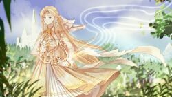  1girl bare_shoulders blonde_hair blue_sky brown_eyes chinese_commentary circlet clouds collared_dress commentary_request cowboy_shot day dress earrings feather_wrist_cuffs field floating_clothes floating_hair gold_circlet golden_buds_(infinity_nikki) haiyang_liuhuo highres holding holding_instrument infinity_nikki instrument jewelry layered_dress leaf long_hair looking_ahead lyre medium_dress mountain music musical_staff nikki_(series) outdoors playing_instrument pleated_dress print_dress sky sleeveless sleeveless_dress solo star_(symbol) star_print straight_hair veil very_long_hair white_dress white_veil white_wrist_cuffs wind wrist_cuffs yellow_dress 