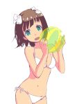  :d amami_haruka ball beachball bikini bow breasts brown_hair cleavage green_eyes hair_bow idolmaster kawai_fuguri midriff navel open_mouth smile solo swimsuit 