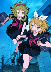  2girls bag black_serafuku black_shoes black_socks blonde_hair blue_eyes bow fang goggles goggles_on_head green_eyes green_hair gumi hair_bow hair_ornament hairclip highres holding holding_bag holding_hands kagamine_rin kneehighs loafers looking_at_another multiple_girls neckerchief open_mouth photo_background pink_neckerchief pleated_skirt raychelsoo red-tinted_eyewear running school_uniform serafuku shirt shoes short_hair skirt smile socks sweatdrop tinted_eyewear vocaloid white_bow 